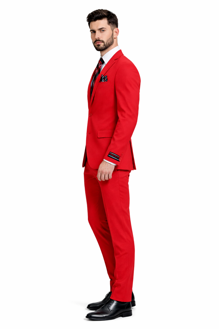 "Red Slim Fit Poplin Basic Suit for Men - 2 Button Style"