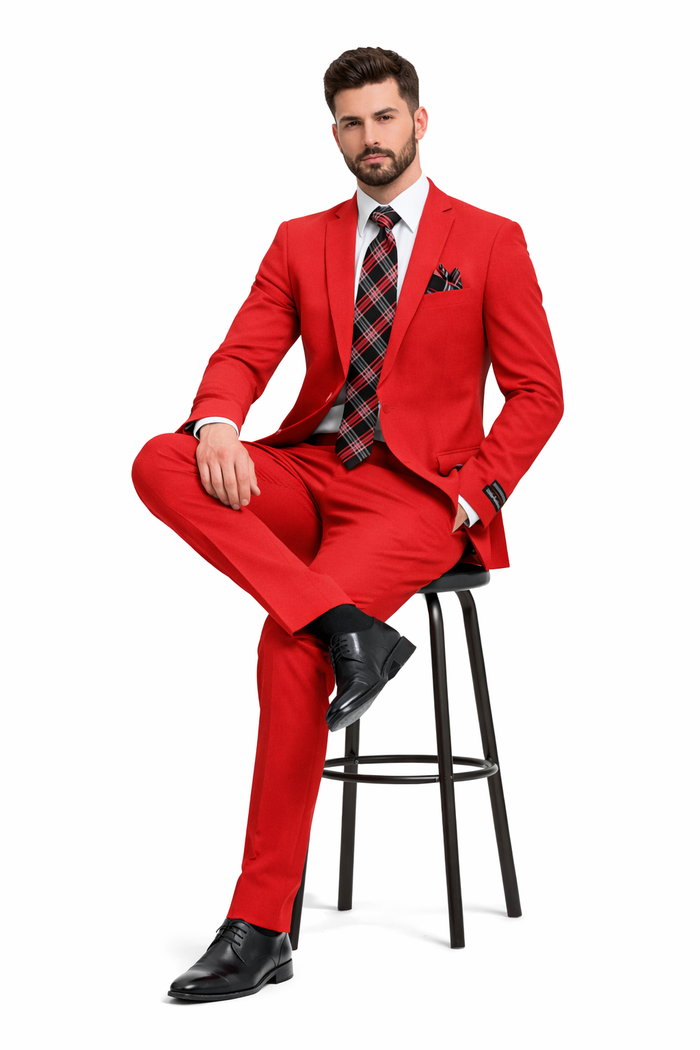 "Red Slim Fit Poplin Basic Suit for Men - 2 Button Style"