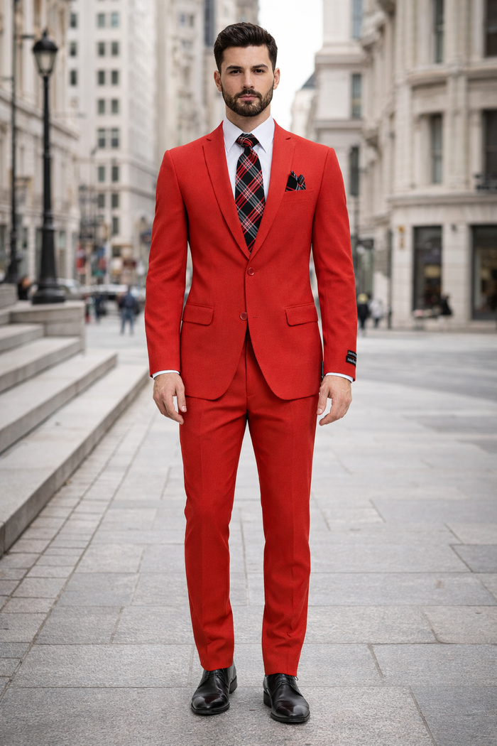 "Red Slim Fit Poplin Basic Suit for Men - 2 Button Style"