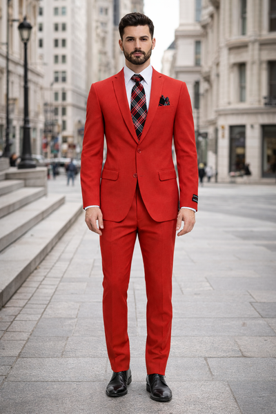 "Red Slim Fit Poplin Basic Suit for Men - 2 Button Style"