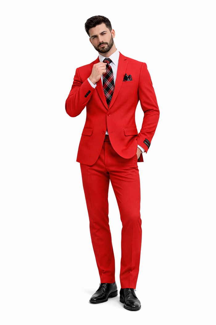 "Red Slim Fit Poplin Basic Suit for Men - 2 Button Style"