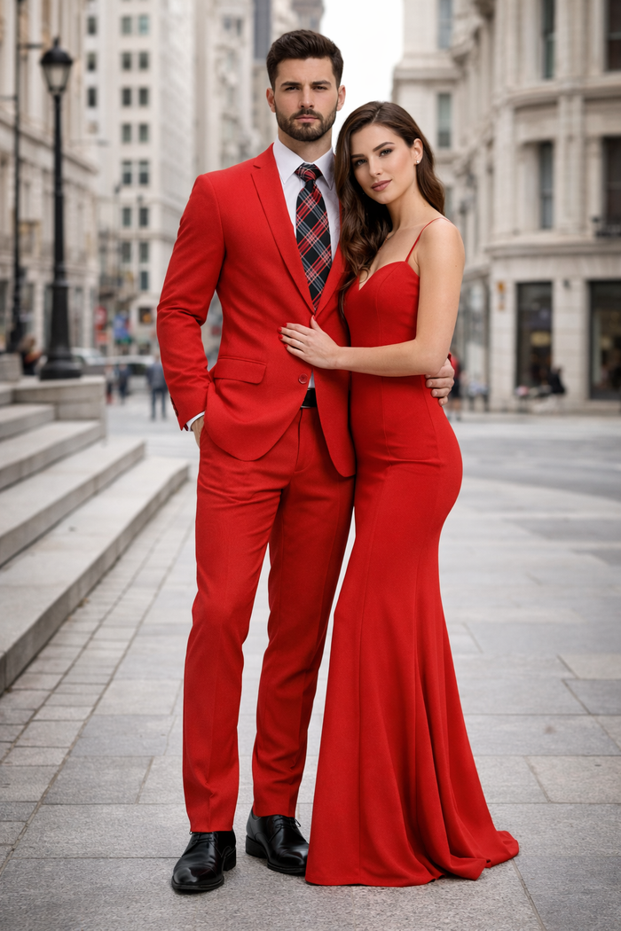 "Red Slim Fit Poplin Basic Suit for Men - 2 Button Style"