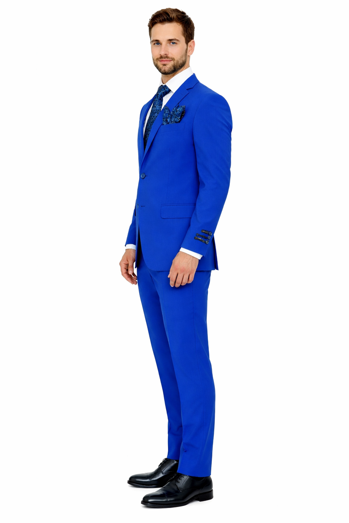 "Royal Blue Men's Slim Fit Poplin Suit - 2 Button Basic Style"