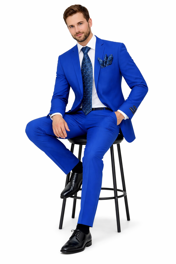 "Royal Blue Men's Slim Fit Poplin Suit - 2 Button Basic Style"