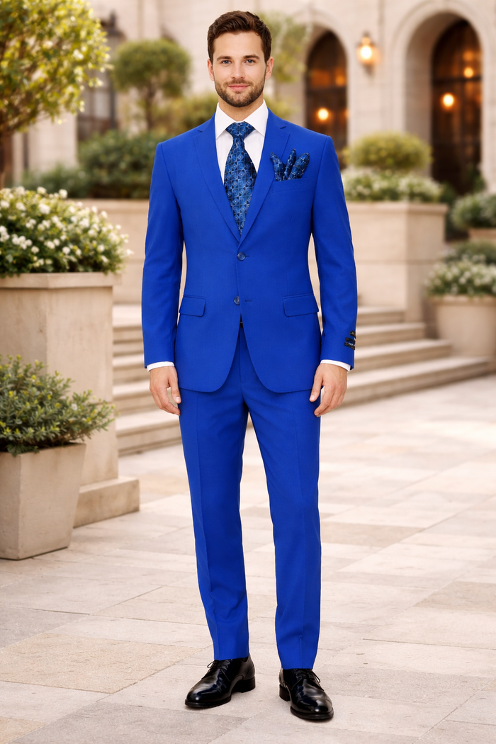 "Royal Blue Men's Slim Fit Poplin Suit - 2 Button Basic Style"