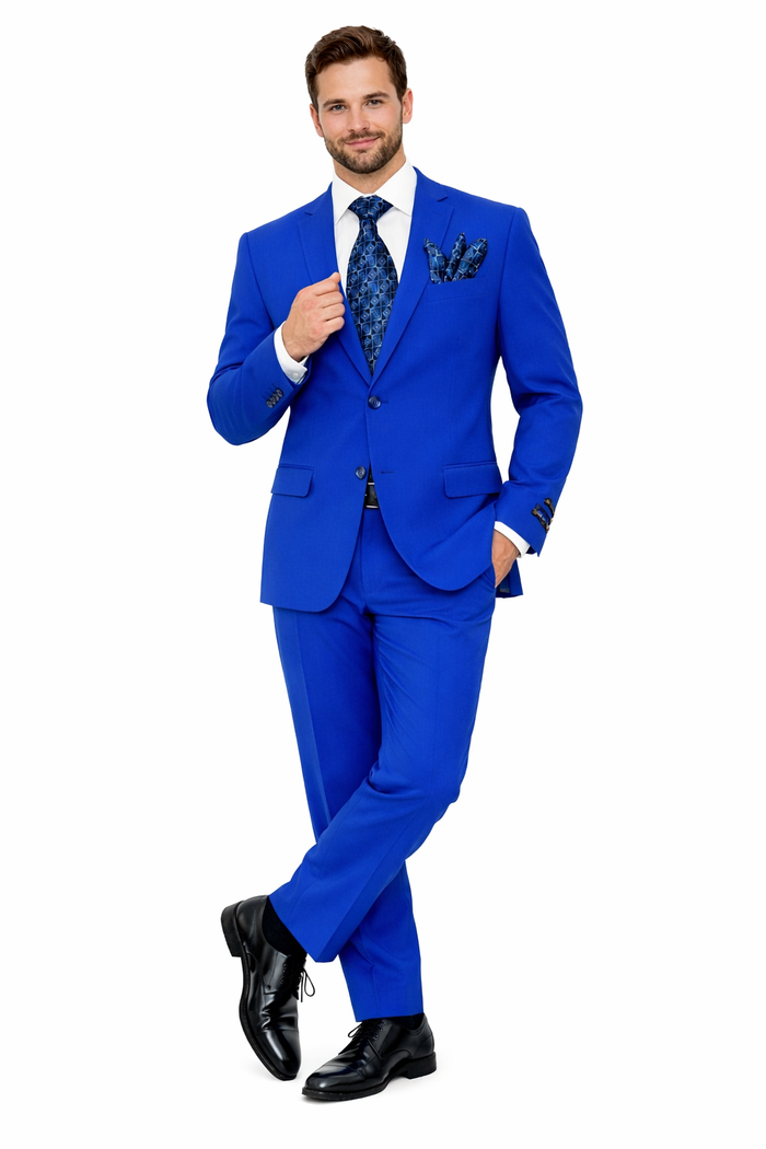 "Royal Blue Men's Slim Fit Poplin Suit - 2 Button Basic Style"