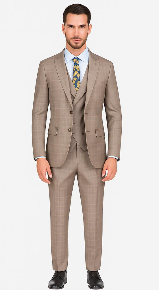 Mens 2 Button Vested Peak Lapel Plaid Suit in Tan