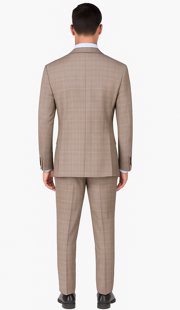 Mens 2 Button Vested Peak Lapel Plaid Suit in Tan