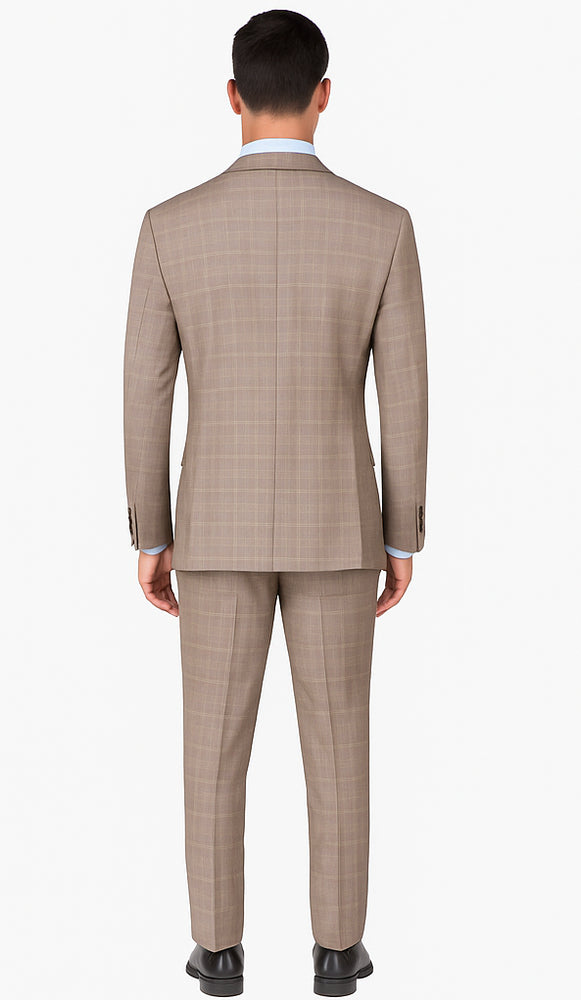 Mens 2 Button Vested Peak Lapel Plaid Suit in Tan