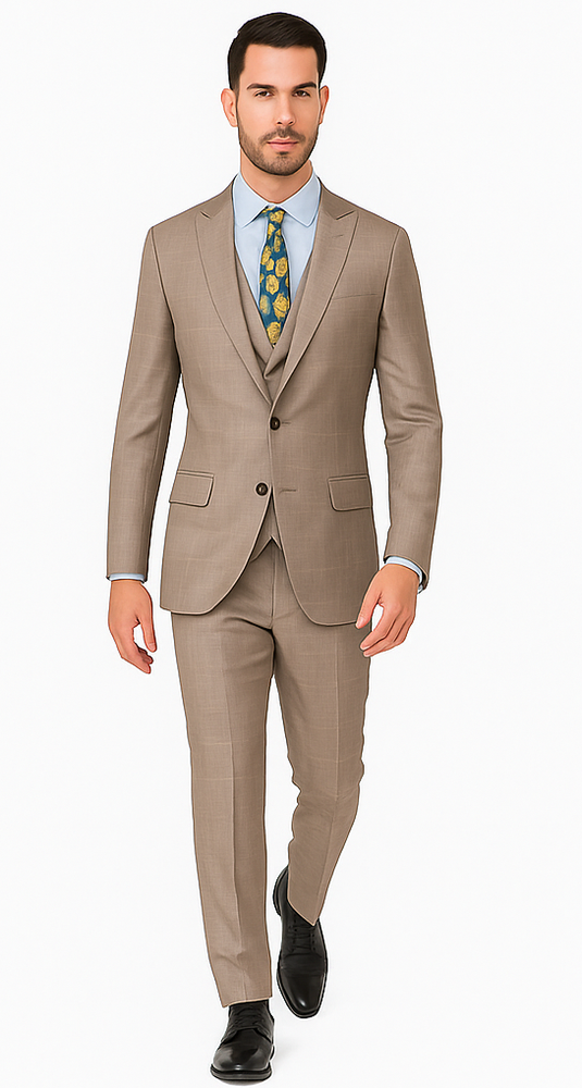 Mens 2 Button Vested Peak Lapel Plaid Suit in Tan