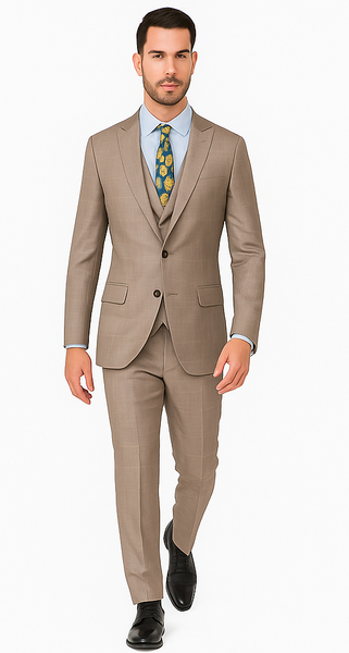 Mens 2 Button Vested Peak Lapel Plaid Suit in Tan