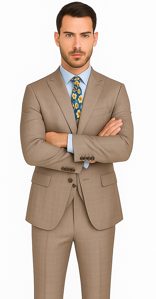 Mens 2 Button Vested Peak Lapel Plaid Suit in Tan