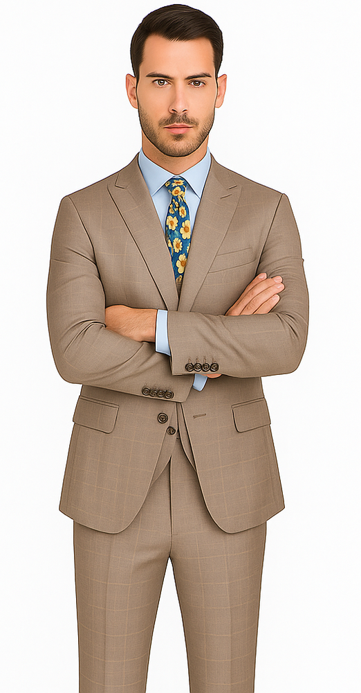 Mens 2 Button Vested Peak Lapel Plaid Suit in Tan