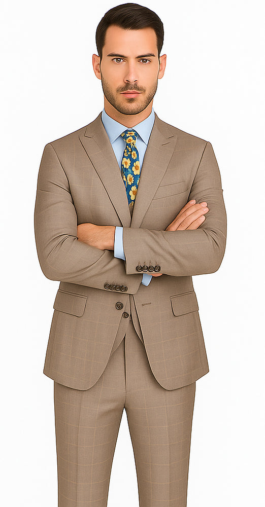 Mens 2 Button Vested Peak Lapel Plaid Suit in Tan