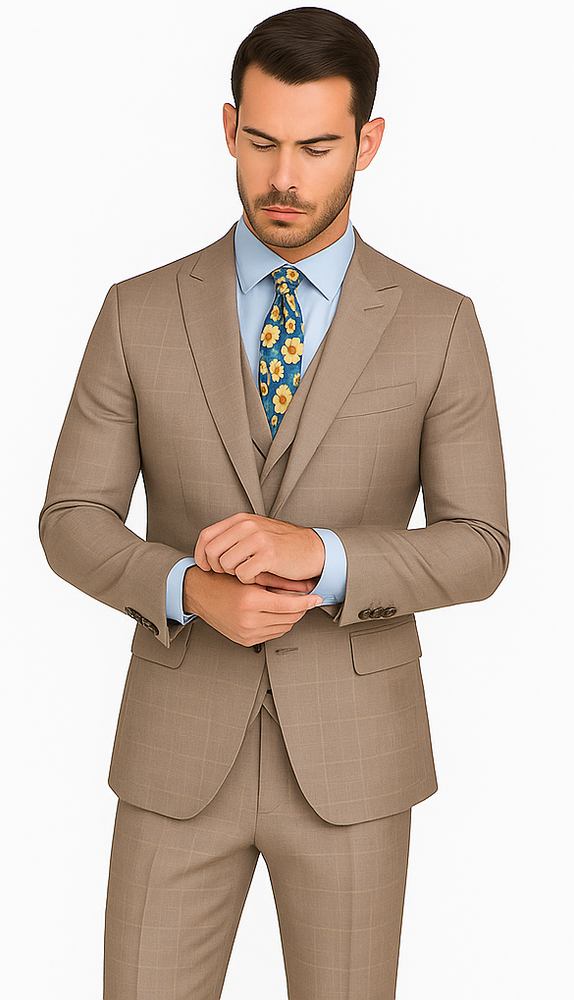 Mens 2 Button Vested Peak Lapel Plaid Suit in Tan