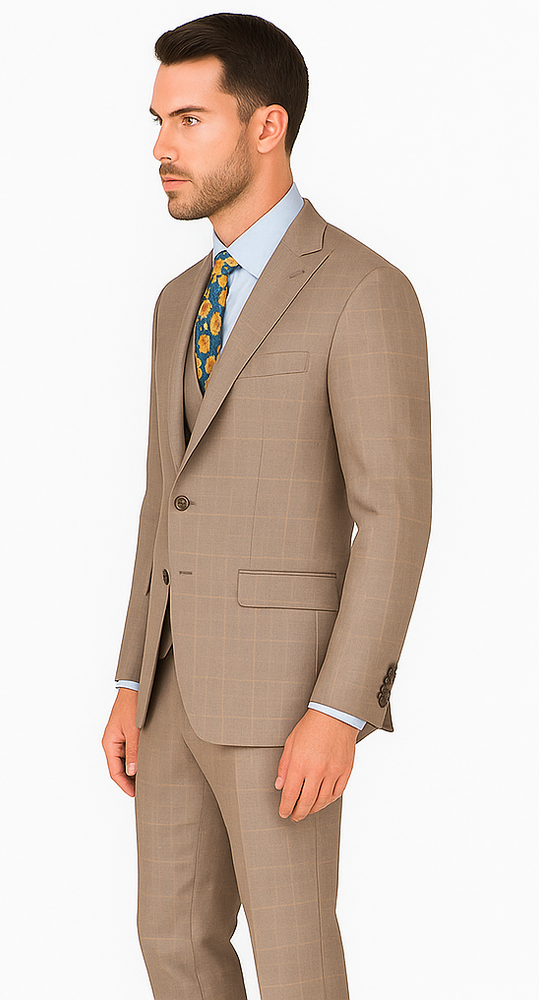 Mens 2 Button Vested Peak Lapel Plaid Suit in Tan