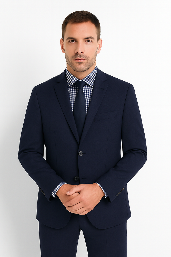 Men's 2 Button Wool Modern Fit Suits Dark Navy Blue Suit For Men Plaid Suit