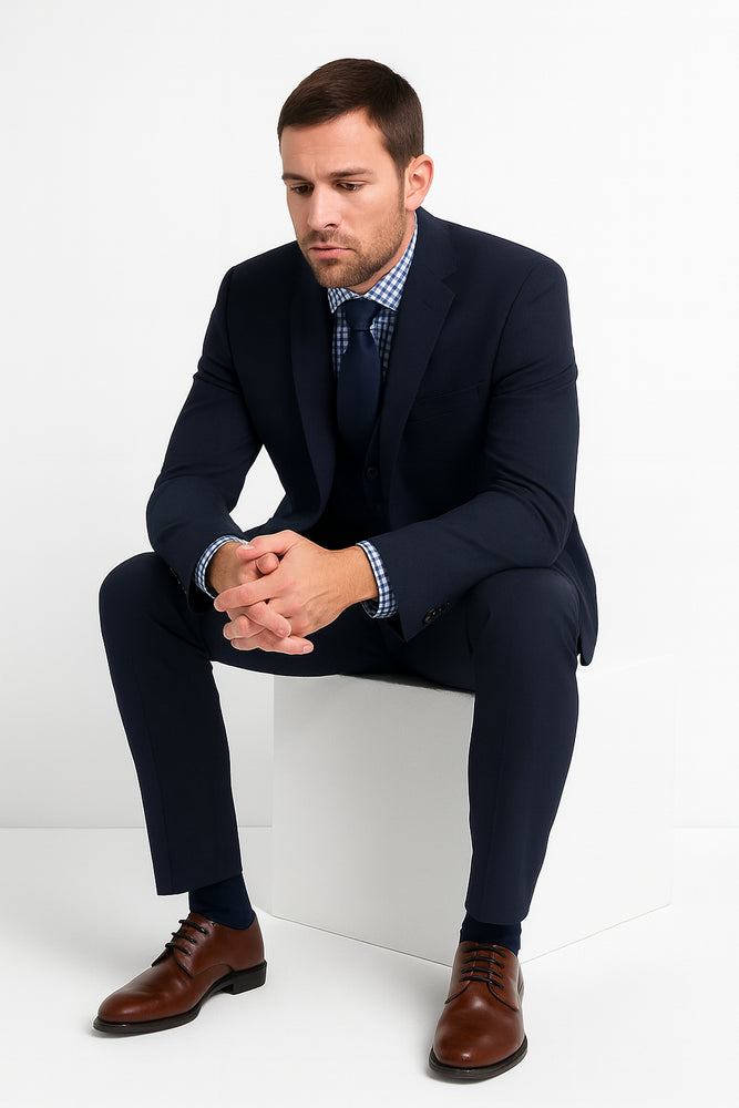 Men's 2 Button Wool Modern Fit Suits Dark Navy Blue Suit For Men Plaid Suit