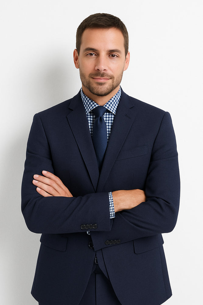 Men's 2 Button Wool Modern Fit Suits Dark Navy Blue Suit For Men Plaid Suit