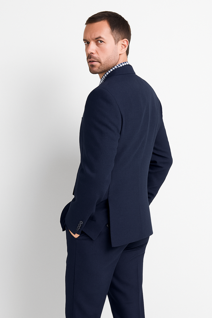 Men's 2 Button Wool Modern Fit Suits Dark Navy Blue Suit For Men Plaid Suit
