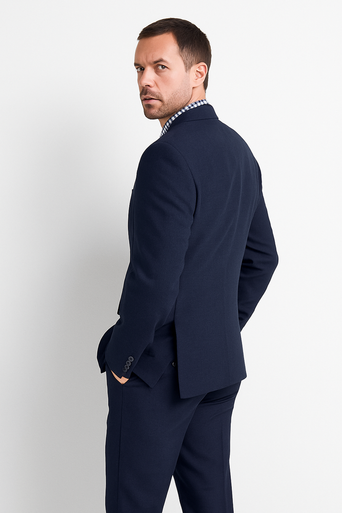 Men's 2 Button Wool Modern Fit Suits Dark Navy Blue Suit For Men Plaid Suit