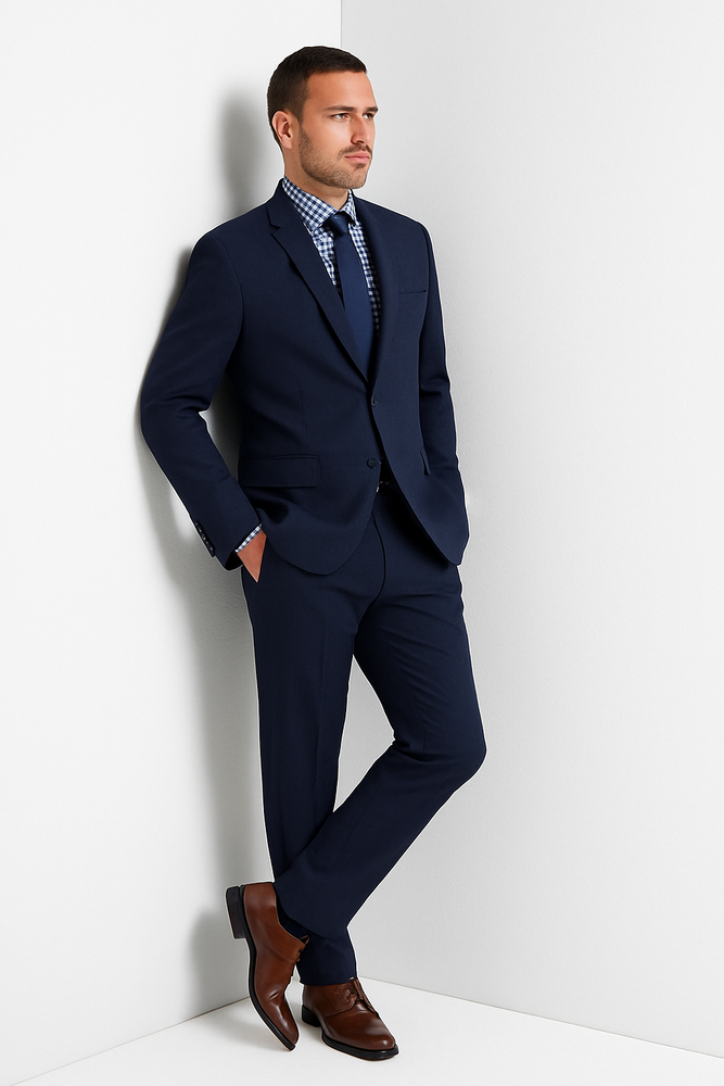 Men's 2 Button Wool Modern Fit Suits Dark Navy Blue Suit For Men Plaid Suit