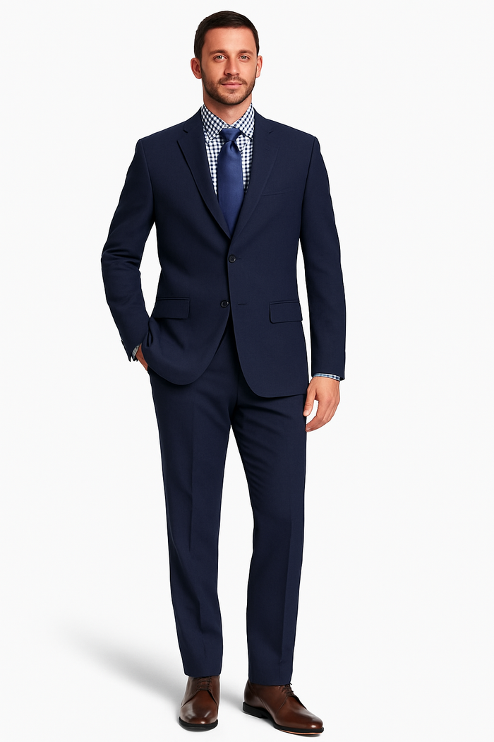 Men's 2 Button Wool Modern Fit Suits Dark Navy Blue Suit For Men Plaid Suit