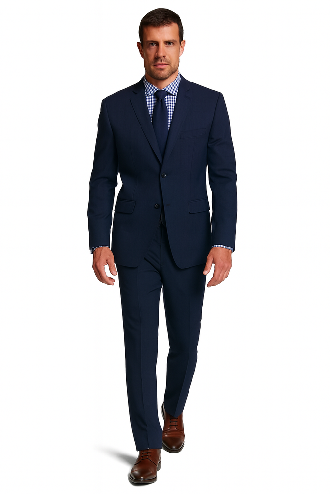 Men's 2 Button Wool Modern Fit Suits Dark Navy Blue Suit For Men Plaid Suit
