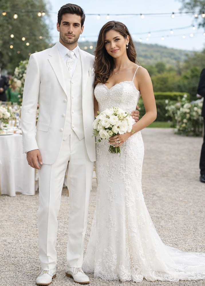 Men's 2 or 3 buttons 3 Piece Snow White Three Piece Vested Suit Pleated Pants Side Vent