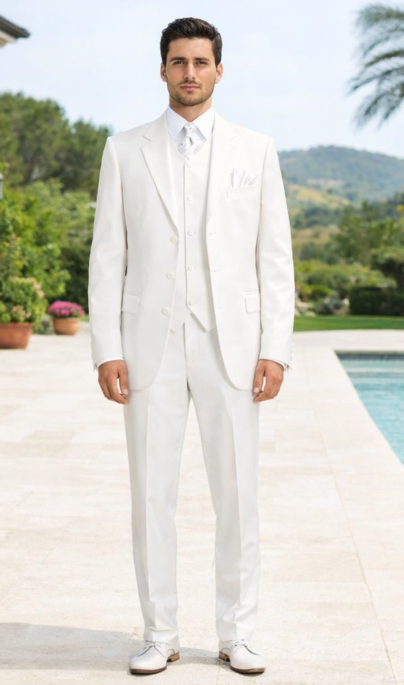 Men's 2 or 3 buttons 3 Piece Snow White Three Piece Vested Suit Pleated Pants Side Vent