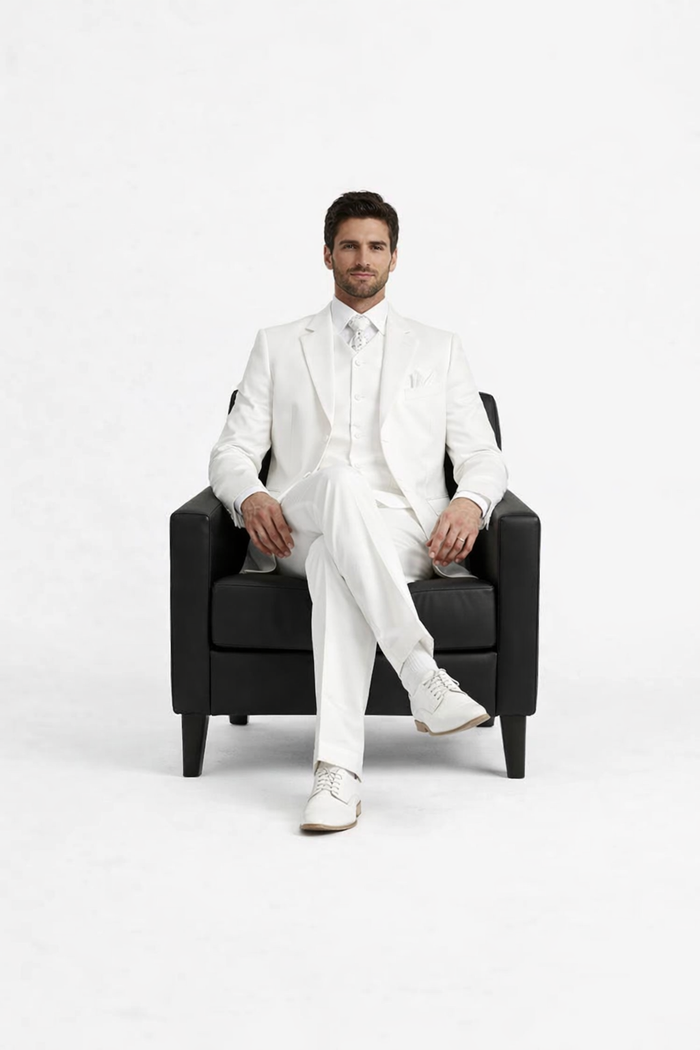 Men's 2 or 3 buttons 3 Piece Snow White Three Piece Vested Suit Pleated Pants Side Vent