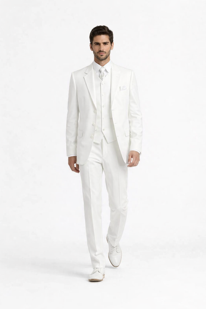 Men's 2 or 3 buttons 3 Piece Snow White Three Piece Vested Suit Pleated Pants Side Vent