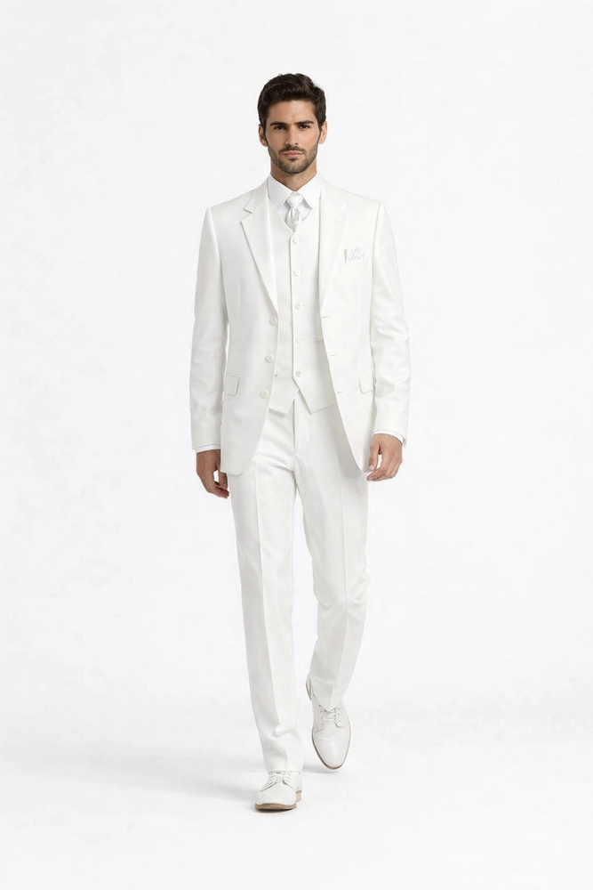 Men's 2 or 3 buttons 3 Piece Snow White Three Piece Vested Suit Pleated Pants Side Vent