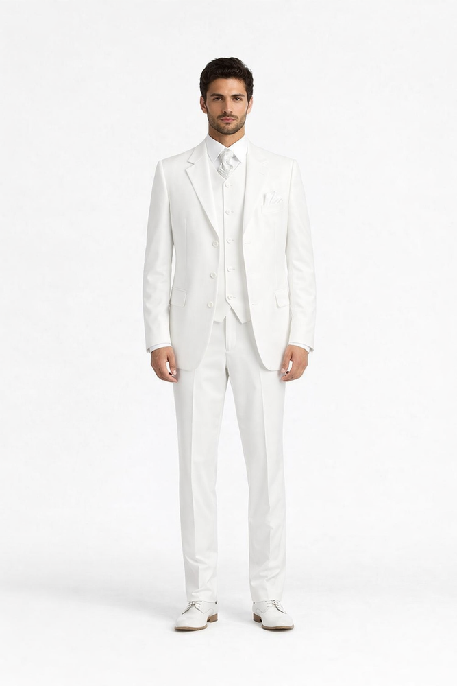Men's 2 or 3 buttons 3 Piece Snow White Three Piece Vested Suit Pleated Pants Side Vent