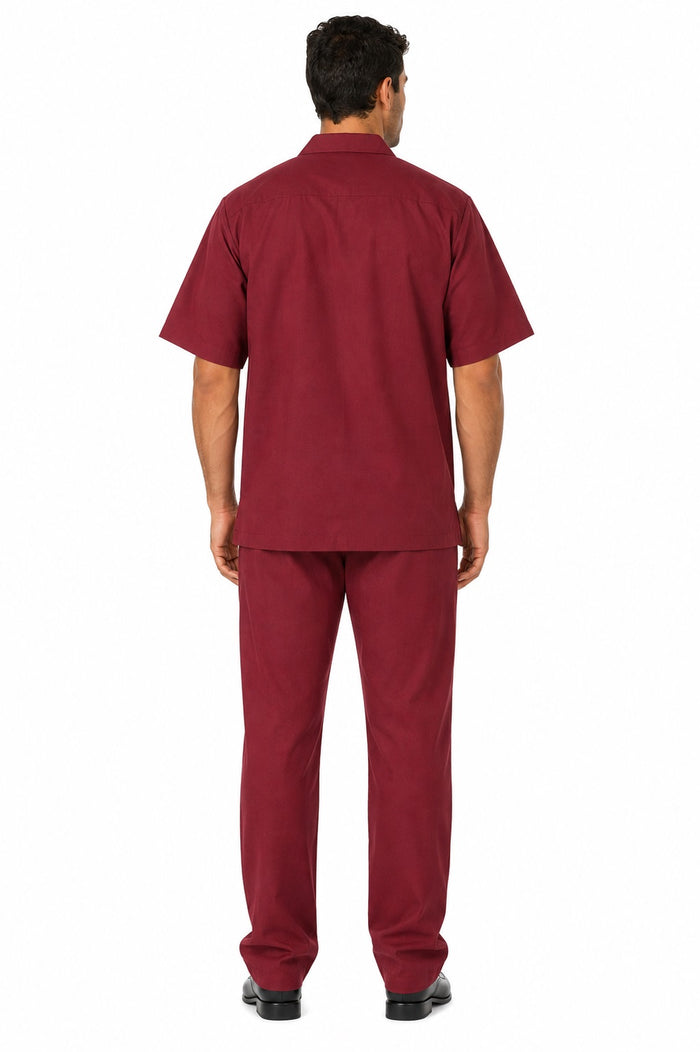 Men's 2 Piece Short Sleeve Casual Two Piece Mens Walking Outfit For Sale Pant Sets Set With Pleated Pants 100% Linen Shirt Wine