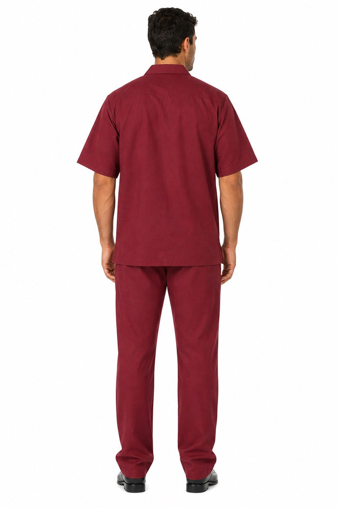 Men's 2 Piece Short Sleeve Casual Two Piece Mens Walking Outfit For Sale Pant Sets Set With Pleated Pants 100% Linen Shirt Wine