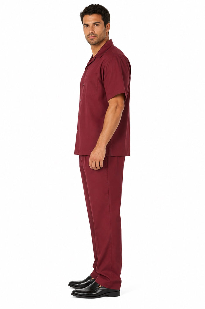 Men's 2 Piece Short Sleeve Casual Two Piece Mens Walking Outfit For Sale Pant Sets Set With Pleated Pants 100% Linen Shirt Wine