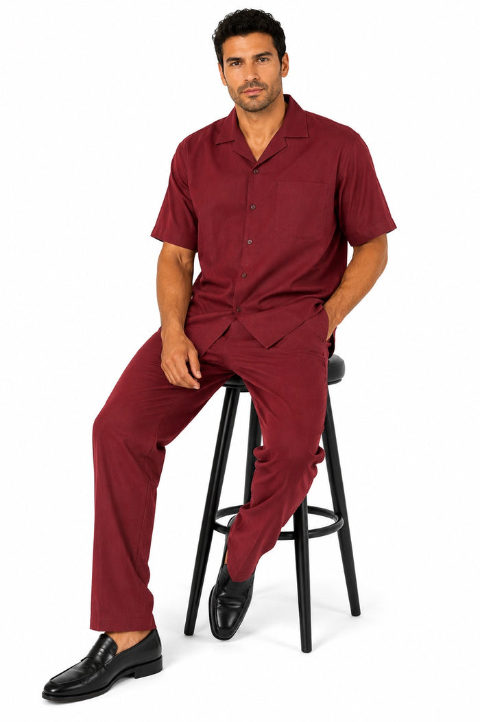 Men's 2 Piece Short Sleeve Casual Two Piece Mens Walking Outfit For Sale Pant Sets Set With Pleated Pants 100% Linen Shirt Wine