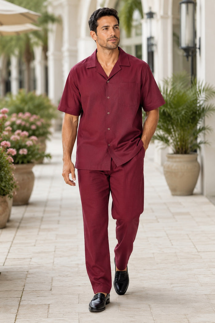 Men's 2 Piece Short Sleeve Casual Two Piece Mens Walking Outfit For Sale Pant Sets Set With Pleated Pants 100% Linen Shirt Wine