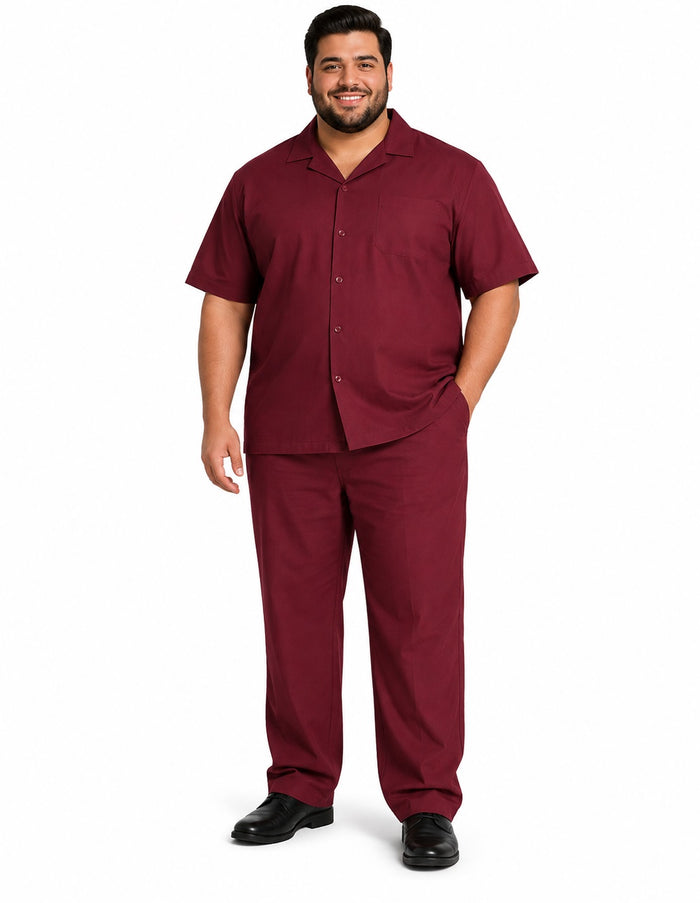 Men's 2 Piece Short Sleeve Casual Two Piece Mens Walking Outfit For Sale Pant Sets Set With Pleated Pants 100% Linen Shirt Wine