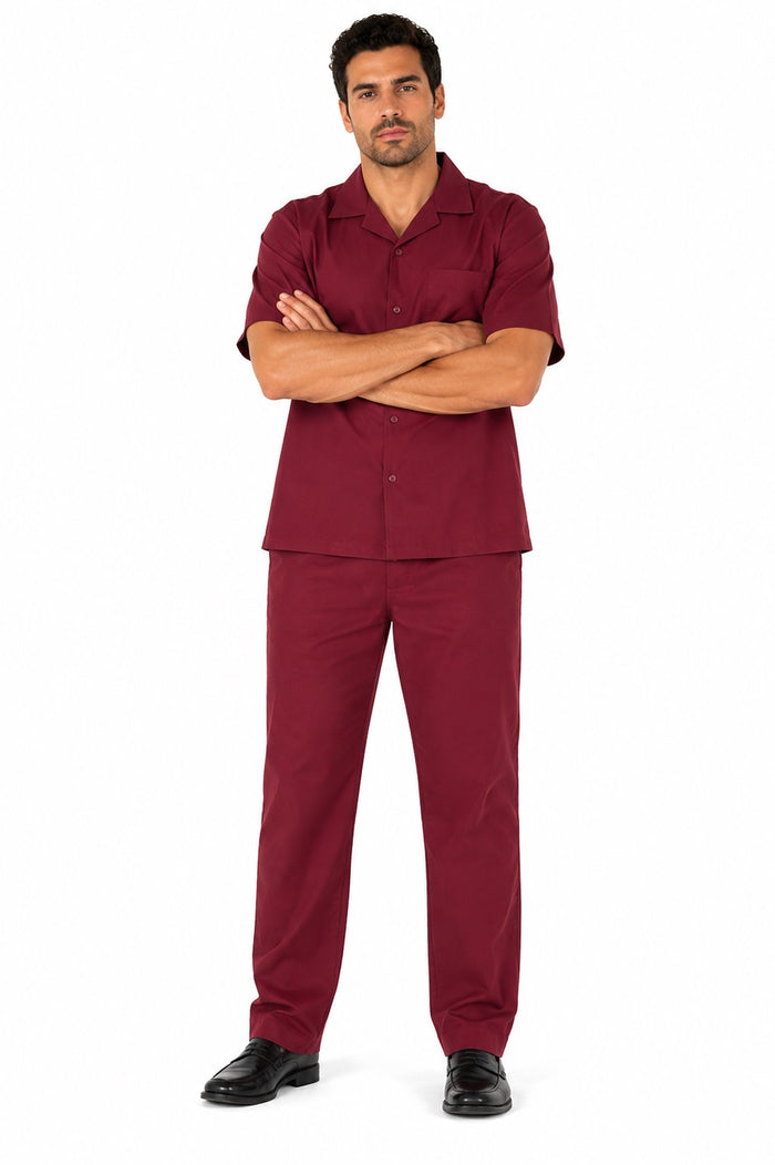 Men's 2 Piece Short Sleeve Casual Two Piece Mens Walking Outfit For Sale Pant Sets Set With Pleated Pants 100% Linen Shirt Wine