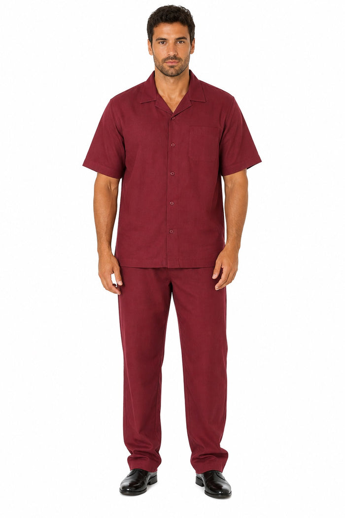 Men's 2 Piece Short Sleeve Casual Two Piece Mens Walking Outfit For Sale Pant Sets Set With Pleated Pants 100% Linen Shirt Wine