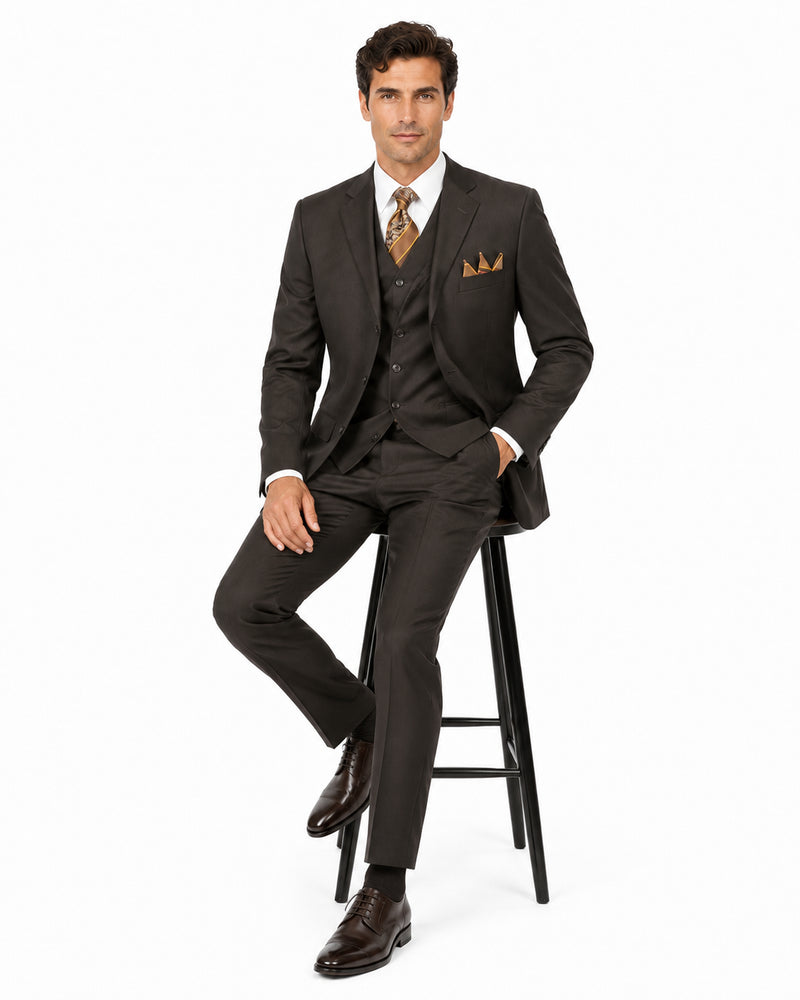 "Classic Fit Men's 3-Button Vested Suit in Brown - Basic Style"
