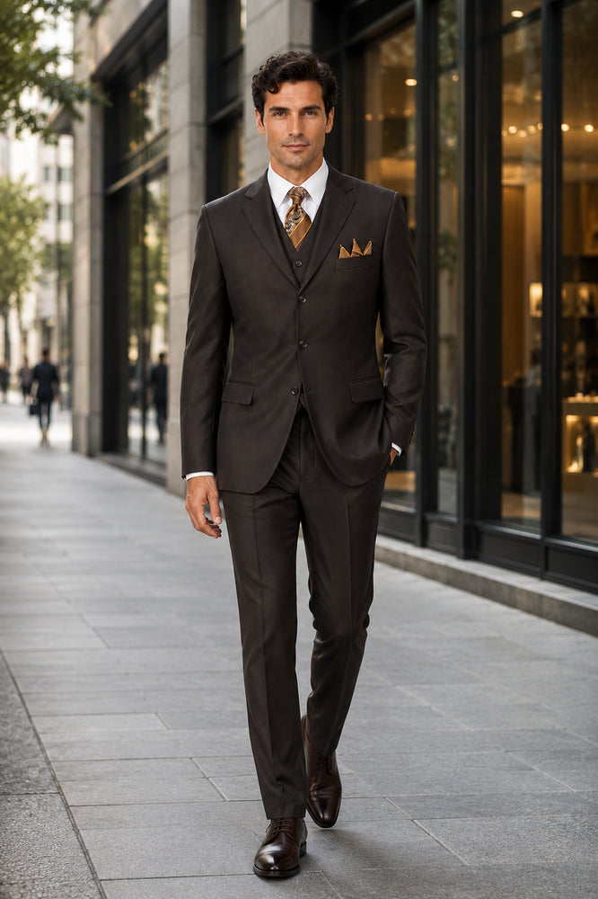 "Classic Fit Men's 3-Button Vested Suit in Brown - Basic Style"