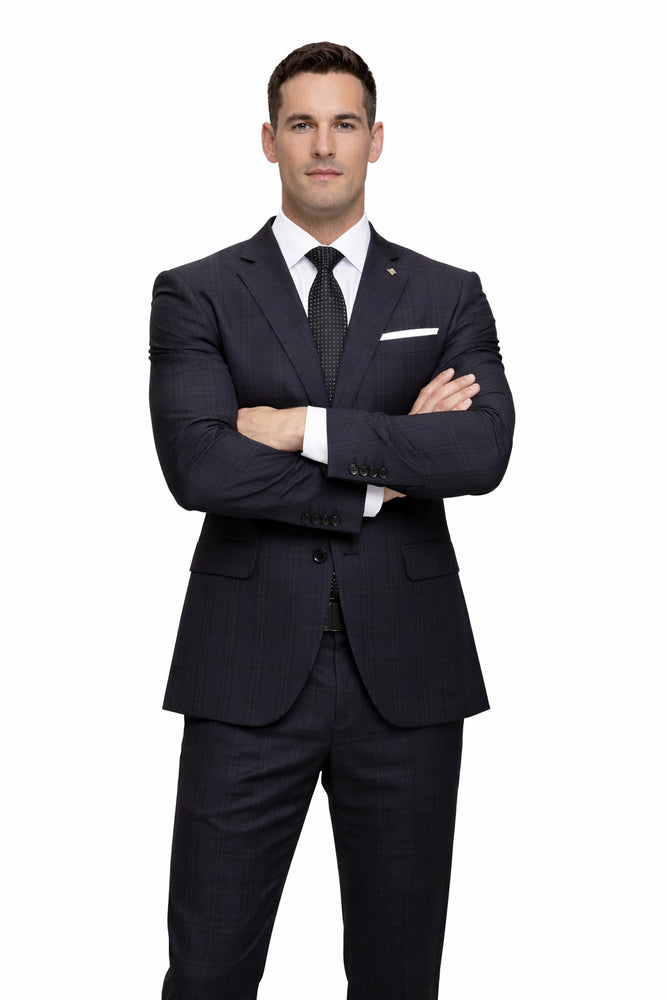 Mens 3 Piece 100 Percent Wool Suit - Affordable Italian Super 150's Fabric in Plaid Texture Fabric in Color Black - Online Special