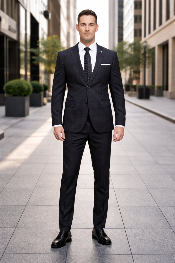 Mens 3 Piece 100 Percent Wool Suit - Affordable Italian Super 150's Fabric in Plaid Texture Fabric in Color Black - Online Special