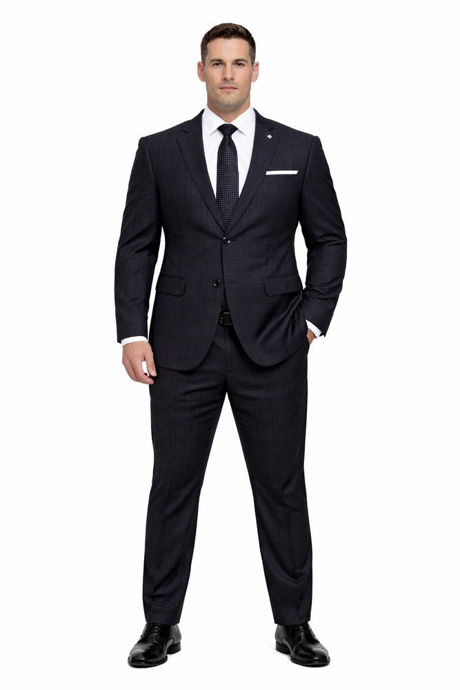 Mens 3 Piece 100 Percent Wool Suit - Affordable Italian Super 150's Fabric in Plaid Texture Fabric in Color Black - Online Special