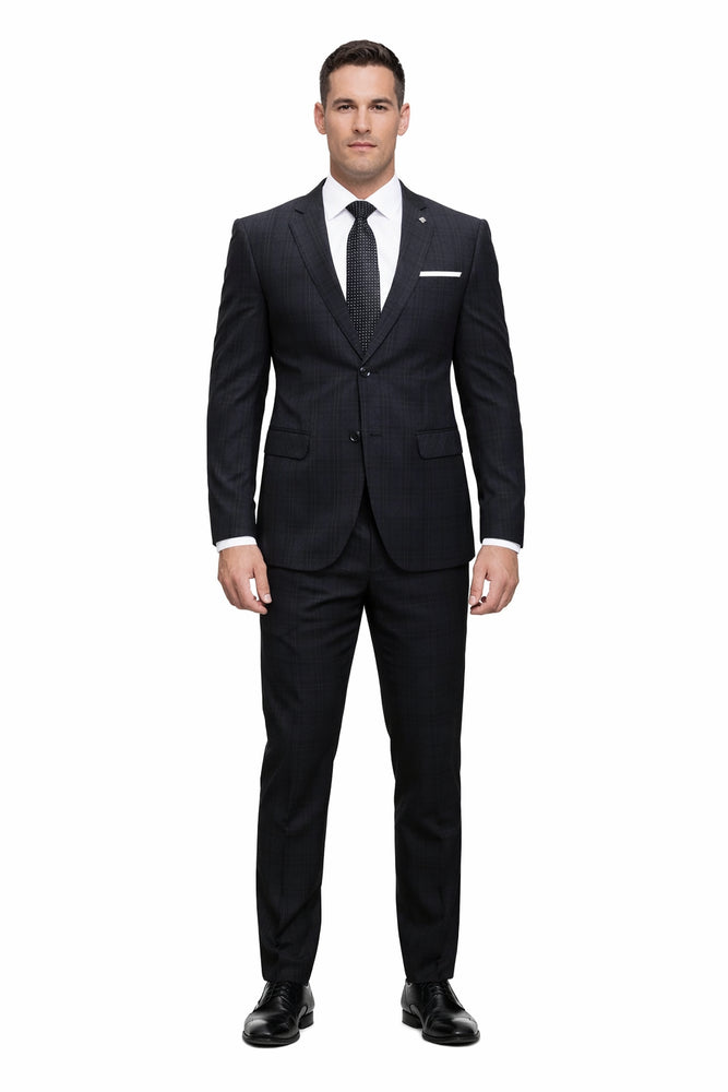 Mens 3 Piece 100 Percent Wool Suit - Affordable Italian Super 150's Fabric in Plaid Texture Fabric in Color Black - Online Special