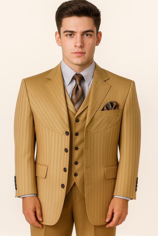 "Gold Men's Fashion Suit - 4 Button, Semi Wide Leg, Shiny Tonal Stripe"