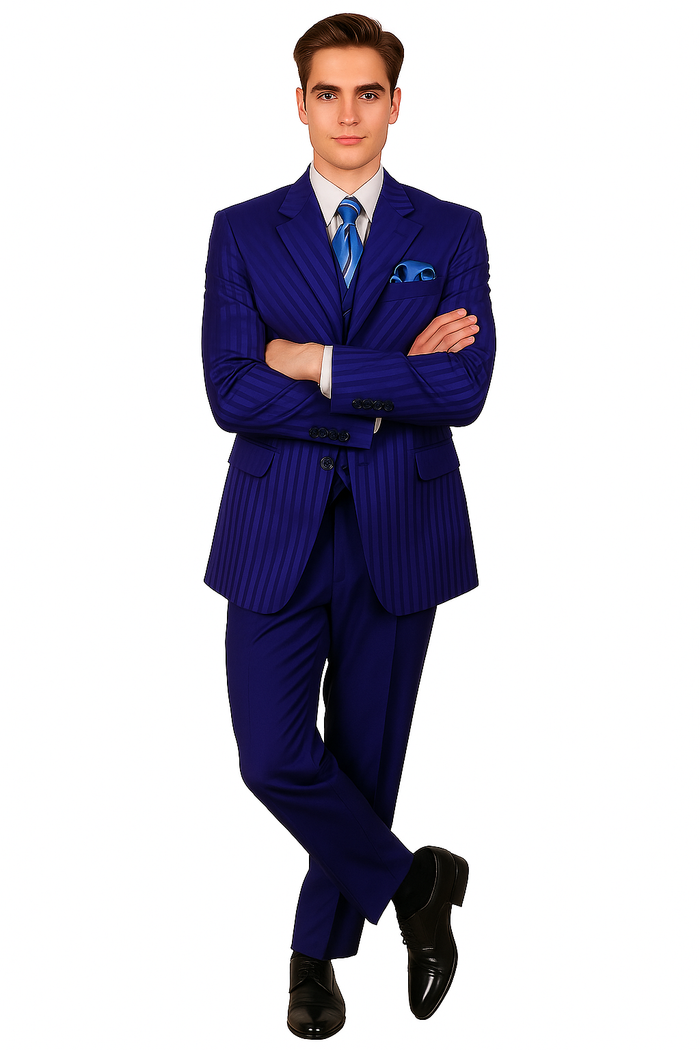 "Navy Blue Men's Shiny Tonal Stripe Fashion Suit - 4 Button Semi Wide Leg"